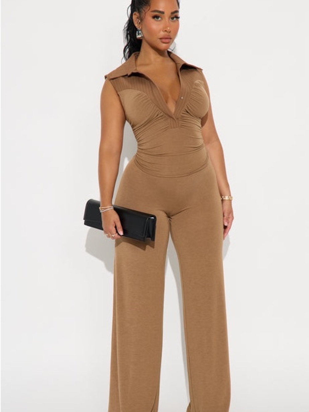 Fashion Nova Sleeveless Collared Wide-Leg Jumpsuit in Brown